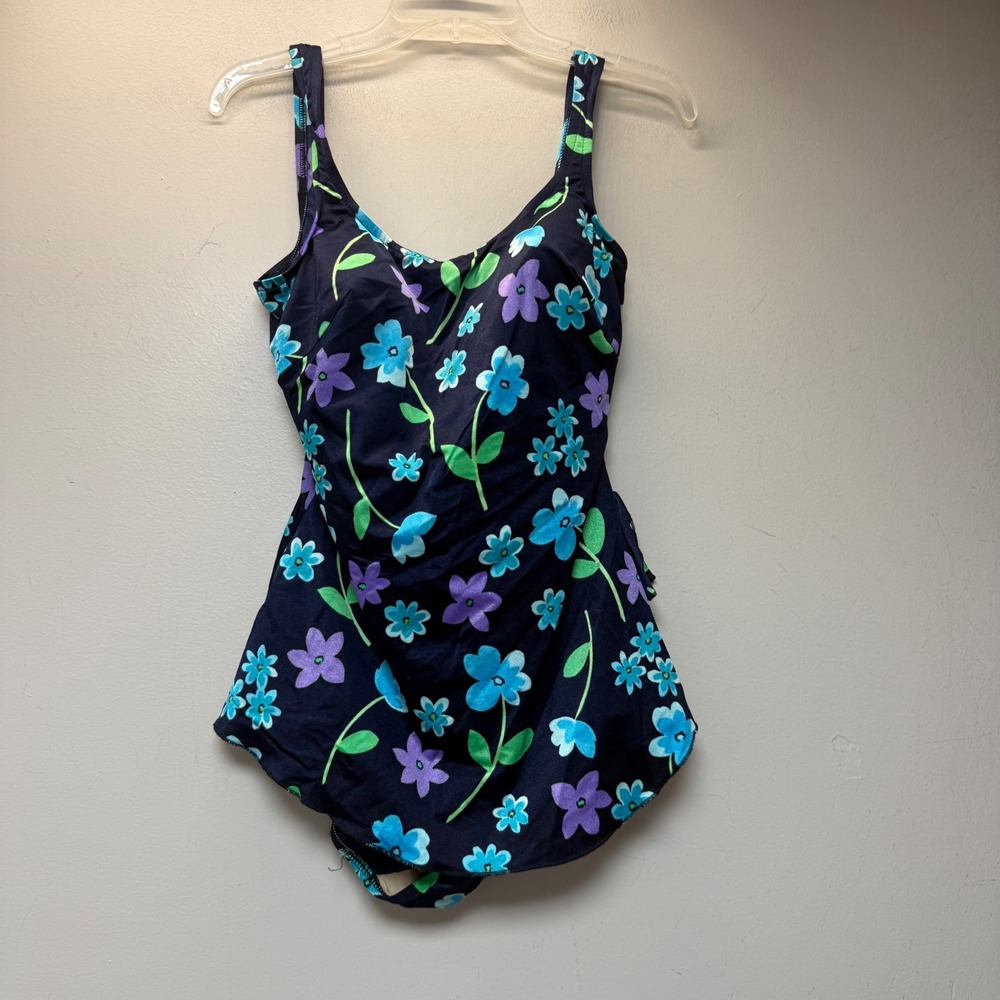 Maxine of Hollywood Swim Dress Women 16 Blue Floral Excellent Modest One Piece